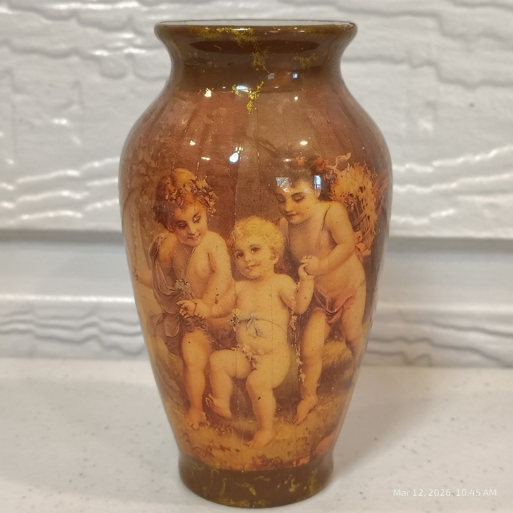 Vintage Enesco Vase Cherub Angel Ceramic 5.75" ART DECO GLAZED